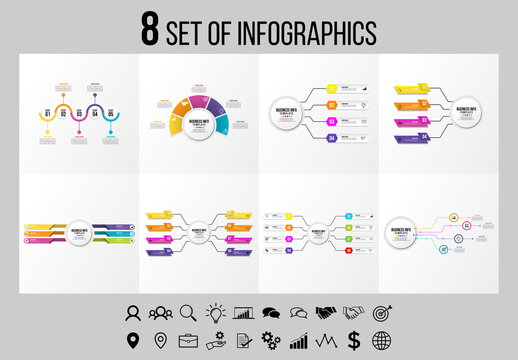 Set 8 Of Infographics Elements Vector Design Template. Business Data Visualization Infographics Timeline with Marketing Icons most useful can be used for workflow, presentation, diagrams, reports