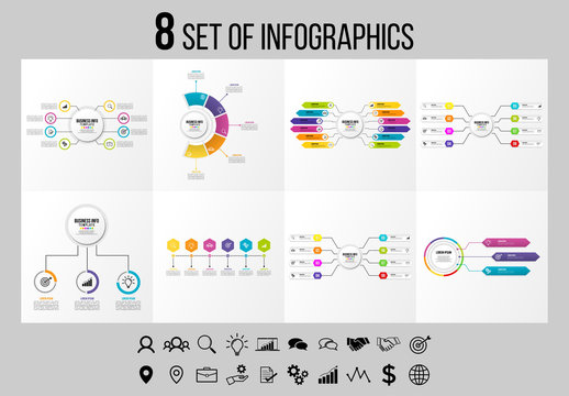 Set 8 Of Infographics Elements Vector Design Template. Business Data Visualization Infographics Timeline with Marketing Icons most useful can be used for workflow, presentation, diagrams, reports