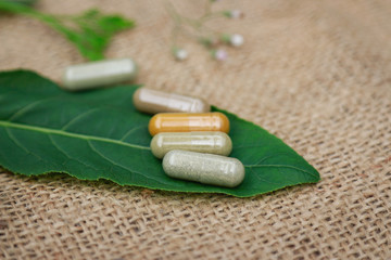 Alternative herbal medicine on wooden table for healthy eating 