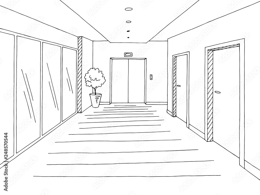 Corridor graphic black white interior sketch illustration vector - obrazy, fototapety, plakaty 