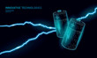 © LuckyStep - Charged polygonal alkaline battery. Energy power work. Dangerous threat situation. Lightning thunder low poly polygon particle space dark sky industry technology concept vector illustration