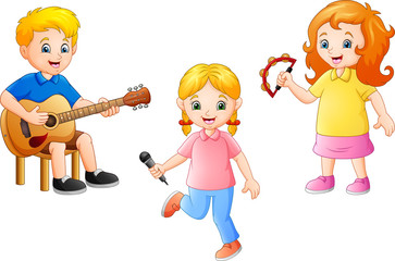 Wall Mural - Cartoon kid playing music together