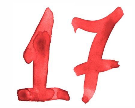 The number 17, painted with a brush in watercolor. Vintage symbol made by hand.