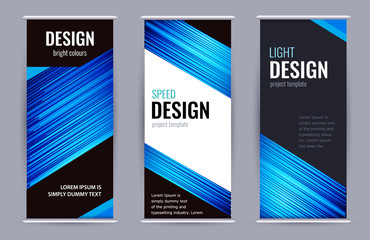 Bright Roll-up banner with blue lines on dark background. Design Abstract vector graphic background.