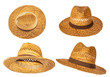 © Iryna - Set of yellow straw hats on white background side view.