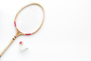 Sticker - Badminton concept. Badminton rackets and shuttlecock on white background top view copy space closeup