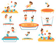 Flat vector set of children jumping on trampolines and playing in pool with soft paralon cubes. Kids leisure
