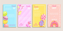 Set Of Sweet, Candy And Bakery Shops Flyers,banners.Collection Of Pages For Kids Menu,caffee,posters.Pastry,macaroons And Donuts, Lollipop Shop Cards, Cafeteris Advertise.Template Vector Illustration.