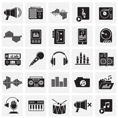 Fototapete - Music and sound icons set on squares background for graphic and web design, Modern simple vector sign. Internet concept. Trendy symbol for website design web button or mobile app