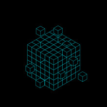 Wireframe Cube From Small Cubes. Big Data Concept.