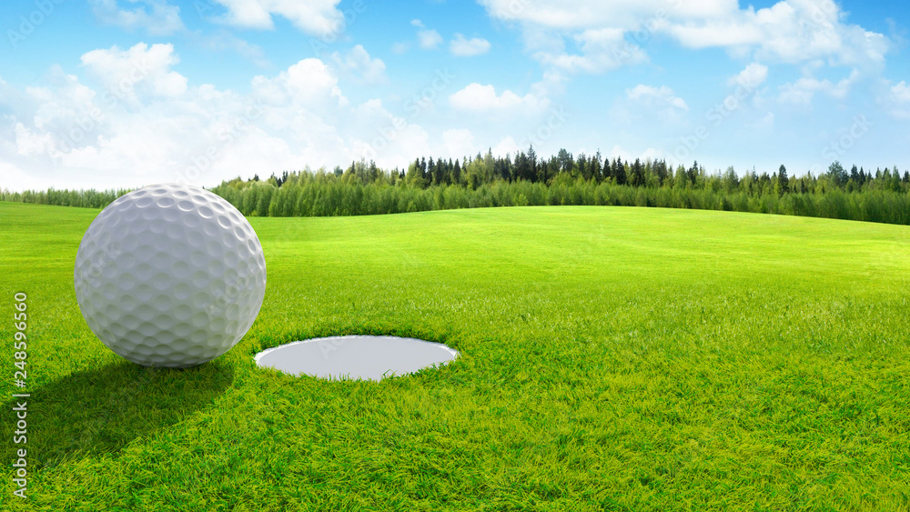 3d render Close up of golf ball on green in golf course. sport background. - obrazy, fototapety, plakaty 