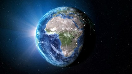 Poster - 3d rendering globe with network line spinning and orbit in the universe with lighting effect and dar