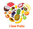 Isolated heart silhouette made of fruits. Healthy food set concept. Hand drawn vector illustration.