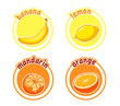 Four stickers with different fruits. Banana, lemon, mandarin and orange.