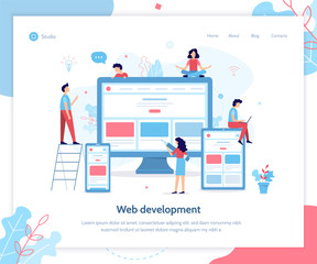 Wall Mural - Development team create responsive website. Web development concept. Flat vector illustration.