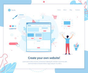 Fototapete - A man creates his own website. Website builder concept. Vector illustration template for landing page. Flat design.