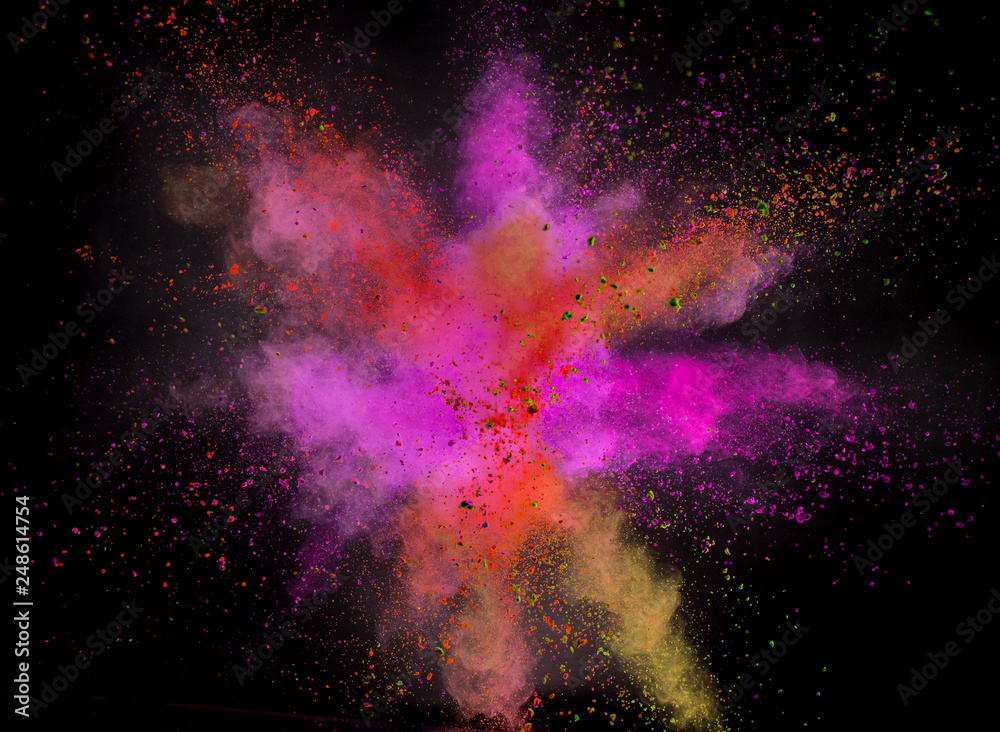 Colored powder explosion on black background. Freeze motion. - obrazy, fototapety, plakaty 