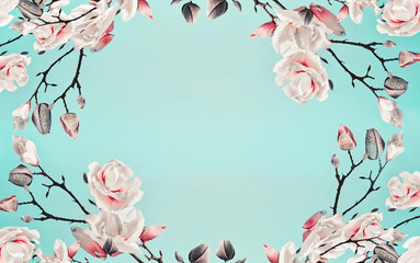 Wall Mural - Magnolia pink blossom flowers frame at light blue turquoise background.  Floral border. Pattern of branch with flowers. Spring template or layout. Pastel color