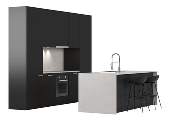 Wall Mural - Black kitchen on a white background. 3D rendering.