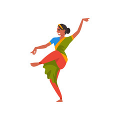 Wall Mural - Indian Dancer Character in Green Traditional Clothes, Beautiful Smiling Young Woman Performing Folk Dance Vector Illustration