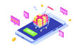 © Andrii Symonenko - Online Shopping on mobile phone isometric concept. Ecommerce retail app on device. Vector illustration.