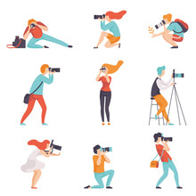 Photographers Taking Photos Using Professional Equipment Set, Men And Women With Cameras Making Pictures Vector Illustration