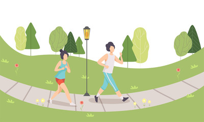 Sticker - Couple Running in Park, Man and Woman Doing Physical Activities Outdoors, Healthy Lifestyle and Fitness Vector Illustration