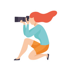 Poster - Girl Squatting Taking Photo with Sir Camera, Female Professional Photographer Character Vector Illustration