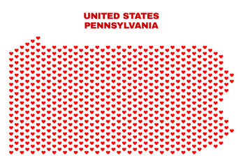 Mosaic Pennsylvania State map of valentine hearts in red color isolated on a white background. Regular red heart pattern in shape of Pennsylvania State map.