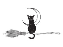 Black Cat Rides The Broom Magic Vehicle Of The Witch Hand Drawn Ink Style Boho Chic Sticker, Patch, Flash Tattoo Or Print Design Vector Illustration.