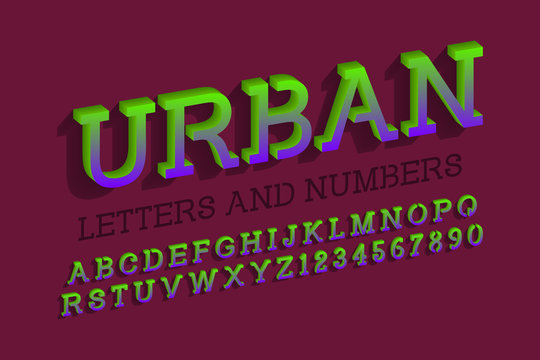 Urban letters and numbers. Vibrant 3d font. Isolated english alphabet.