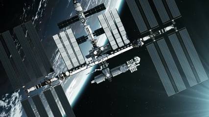 Wall Mural - flight of international space station. 3d animation.
