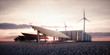 canvas print picture - Dawn of new renewable energy technologies. Modern, aesthetic and efficient dark solar panel panels, a modular battery energy storage system and a wind turbine system in warm light. 3D rendering.