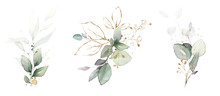  Watercolor Arrangements With Leaves, Herbs.  Herbal Illustration. Botanic Composition For Wedding, Greeting Card.