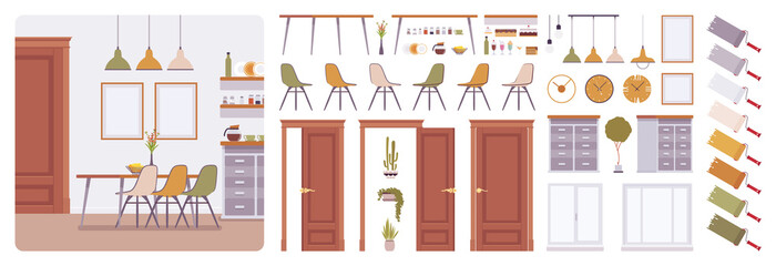 Dining room interior, modern home creation kit, kitchen set with furniture, different constructor elements to build own design and solutions. Cartoon flat style infographic illustration, color palette