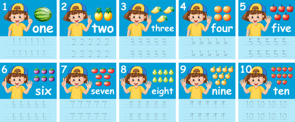 Wall Mural - Set of number tracing worksheets