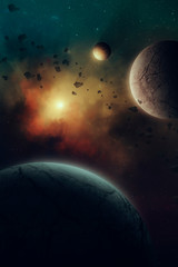 Wall Mural - planets in space, surreal solar system illustration with nebula and sun in the background, planets passing through asteroid belt