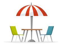 Table And Chair Under The Red Umbrella