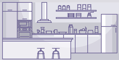 Wall Mural - Modern kitchen interior Home indoors kitchen appliances furniture Linear vector illustration.