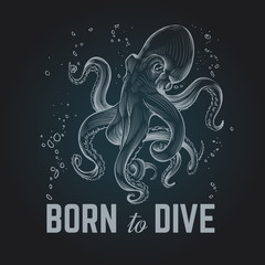 Wall Mural - Octopus poster. Born to dave vintage hand drawn chalk diving background. Octopus scuba retro vector illustration. Octopus underwater, marine monster with tentacle