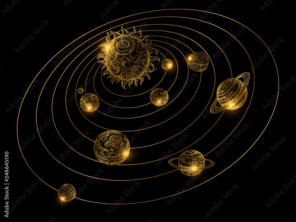 Shine golden solar system with hand drawn planets isolated on black ...