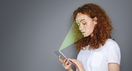 Poster - Woman with smartphone using face ID recognition system