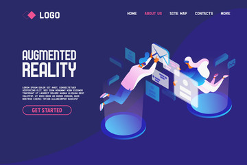 Landing page concept with people flying and working with augmented reality mesages and mail. Isometric scene good for web site design and poster print in blue colors