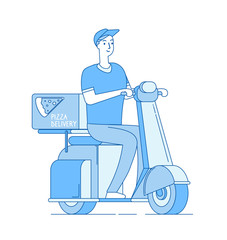 Sticker - Pizza delivery. Boy riding motorbike, scooter delivers pizza away. Food free home delivering service line vector concept. Motorbike with pizza box, delivery motorcycle courier illustration