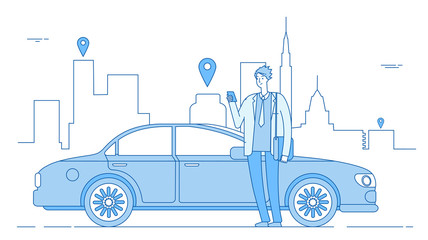 Wall Mural - Car sharing concept. Car rental application businessman with smartphone at car on city street. Parking service line vector concept. Illustration of car rent app, service online carsharing