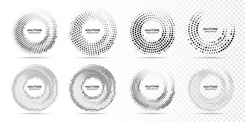Wall Mural - Halftone circle dotted frame circularly distributed. Abstract dots logo emblem design element. Round border Icon using random halftone circle dot raster texture. Half tone circular background pattern.