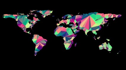 Wall Mural - Polygonal Multicolored Earth Map. Seamless Looped Animation with Alpha-Matte. 4K.