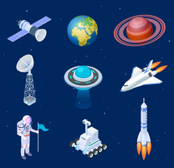 Sticker - isometric spaceships. space satellite rocket telescope globe spaceman astronaut. missile spacecraft 