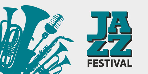 Wall Mural - Vector music poster for a jazz festival in retro style on light background with wind instruments, saxophone, microphone and inscription