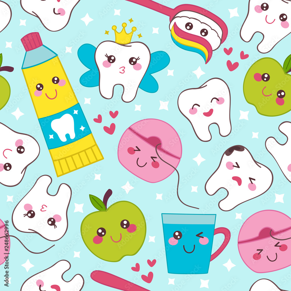 blue dental seamless pattern with healthy teeth - vector illustration ...